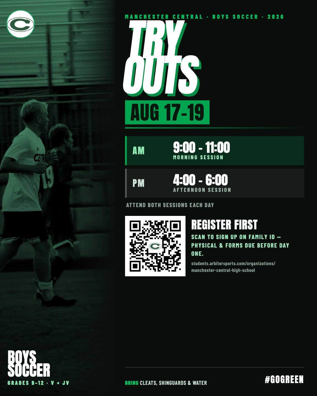 Manchester Central Boys Soccer tryouts flyer, August 17-19